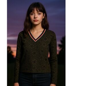 Nümph‎ Olive Green & Black Floral Lace Long Sleeve Top (Size 40)